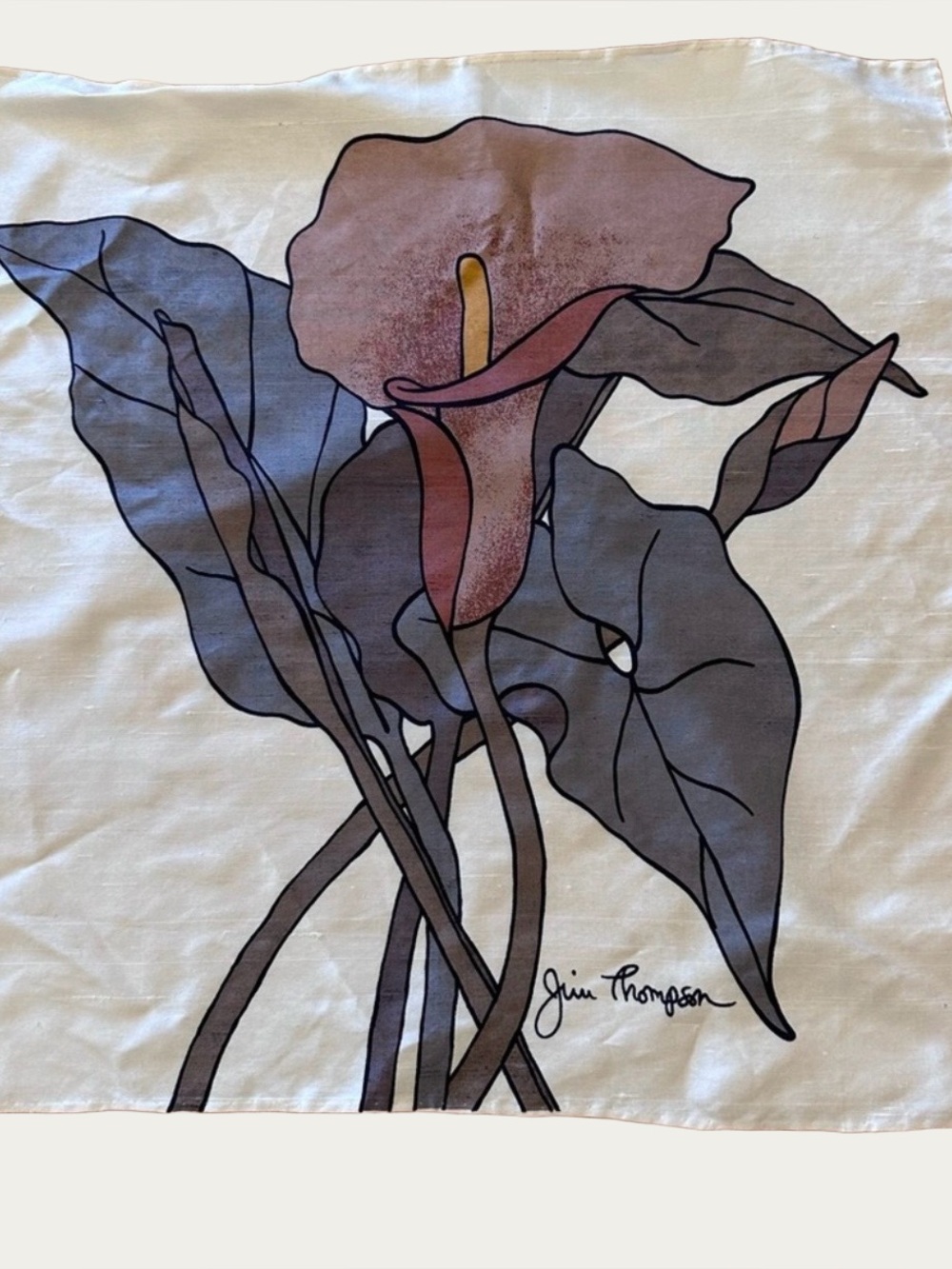 Jim Thompson Vintage Raw Silk Floral Lily Square Scarf or Handkerchief